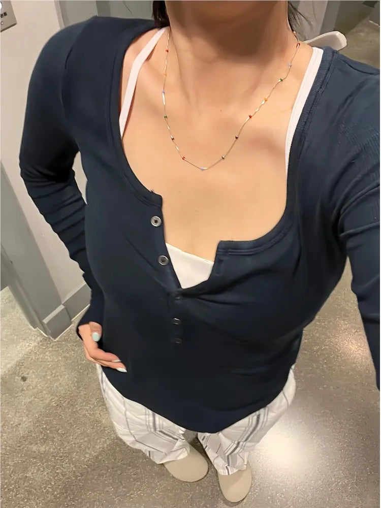 Gray Buttons Long Sleeve Tees Women Autumn Cotton Casual Vintage Slim T Shirt Tops Shoujo Clothes Simple Basic Vintage T-shirts