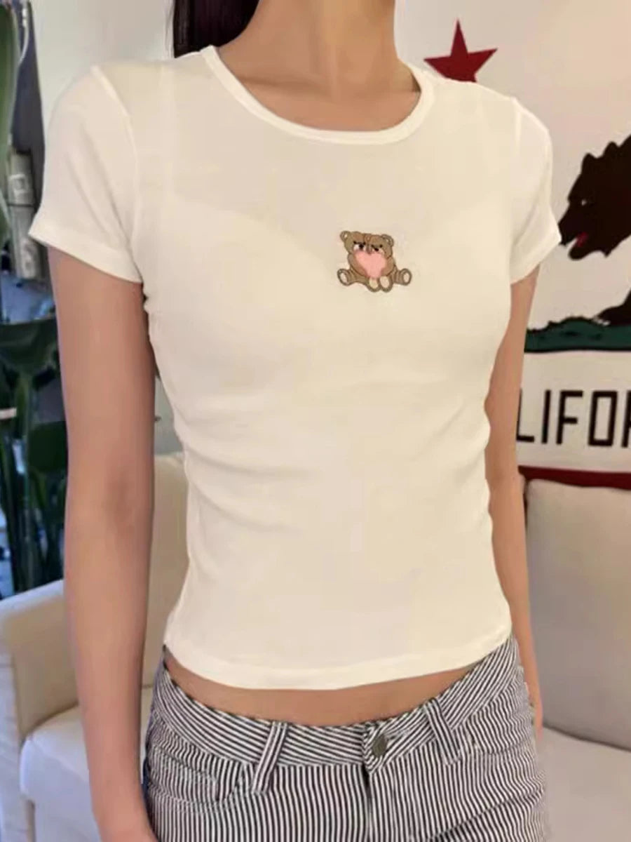 Fashion Heart Bear Embroidery Crop Tops Women 2024 New Cotton Casual Streetwear Short Sleeve Tee Vintage Sweet Cute T-shirts Y2K