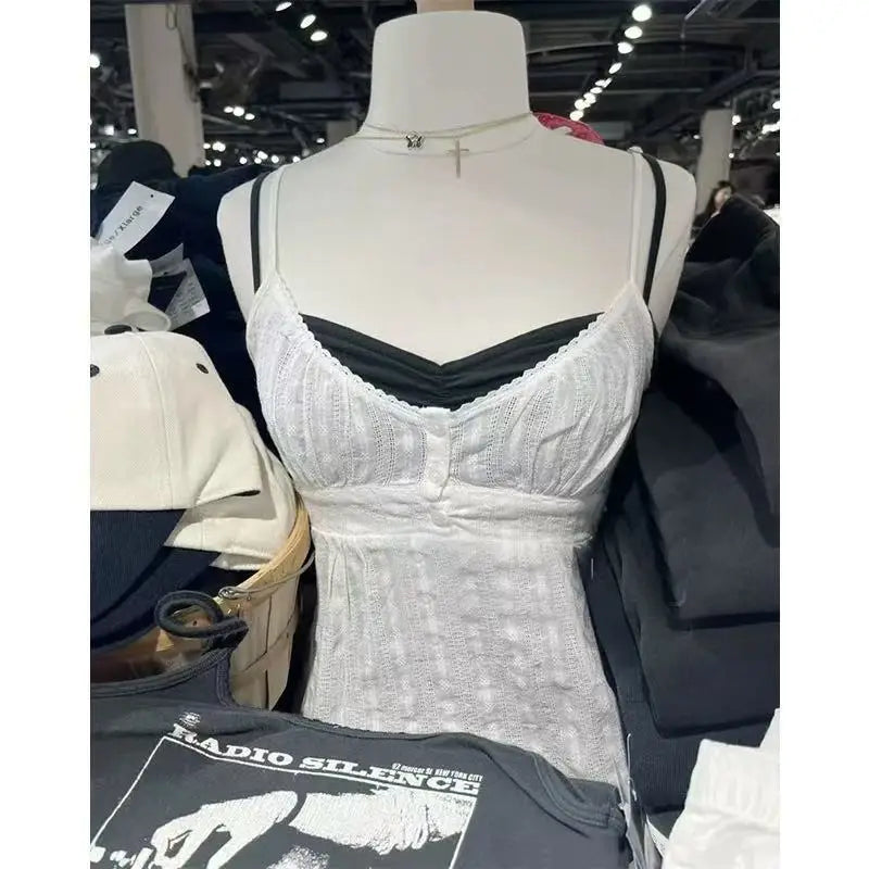 Navy Dot Slim Buttons Tank Top Woman Summer New Lace Trim V-neck Back Lace-up Cotton Camis Clothes Vintage Sweet Crop Tops Y2K