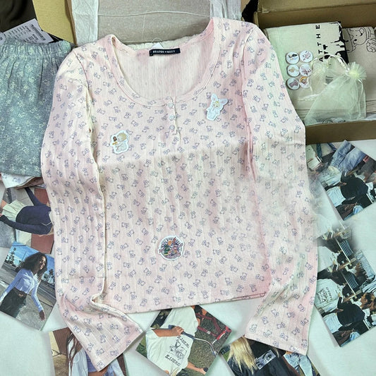 Cartoon Little Bear Print Pink Long Sleeve Tees Women Autumn Cotton Soft Button Casual Tops Female Chic Sweet Cute T-shirts Y2K