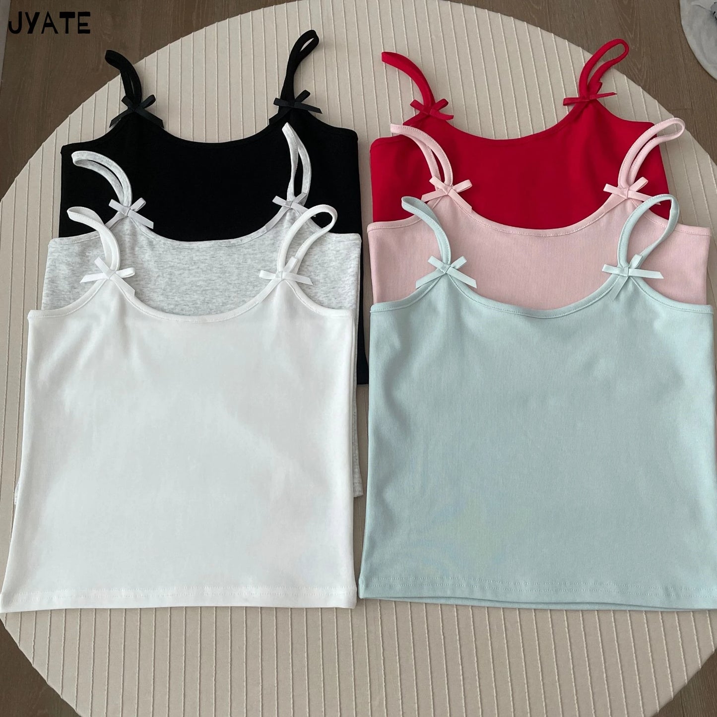 Simple Solid Bow U-neck Tank Tops Women Summer New Cotton Soft Slim Preppy Style Cropped Vests Vintage Basic Sweet Camisole Y2K