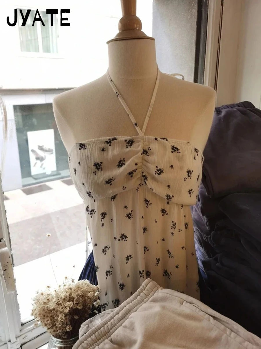 Sweet Floral Pleated Halter Crop Tops Women Summer New Casual Slim Strapless Side Split Tank Top Vintage Harajuku Chic Camis Y2K