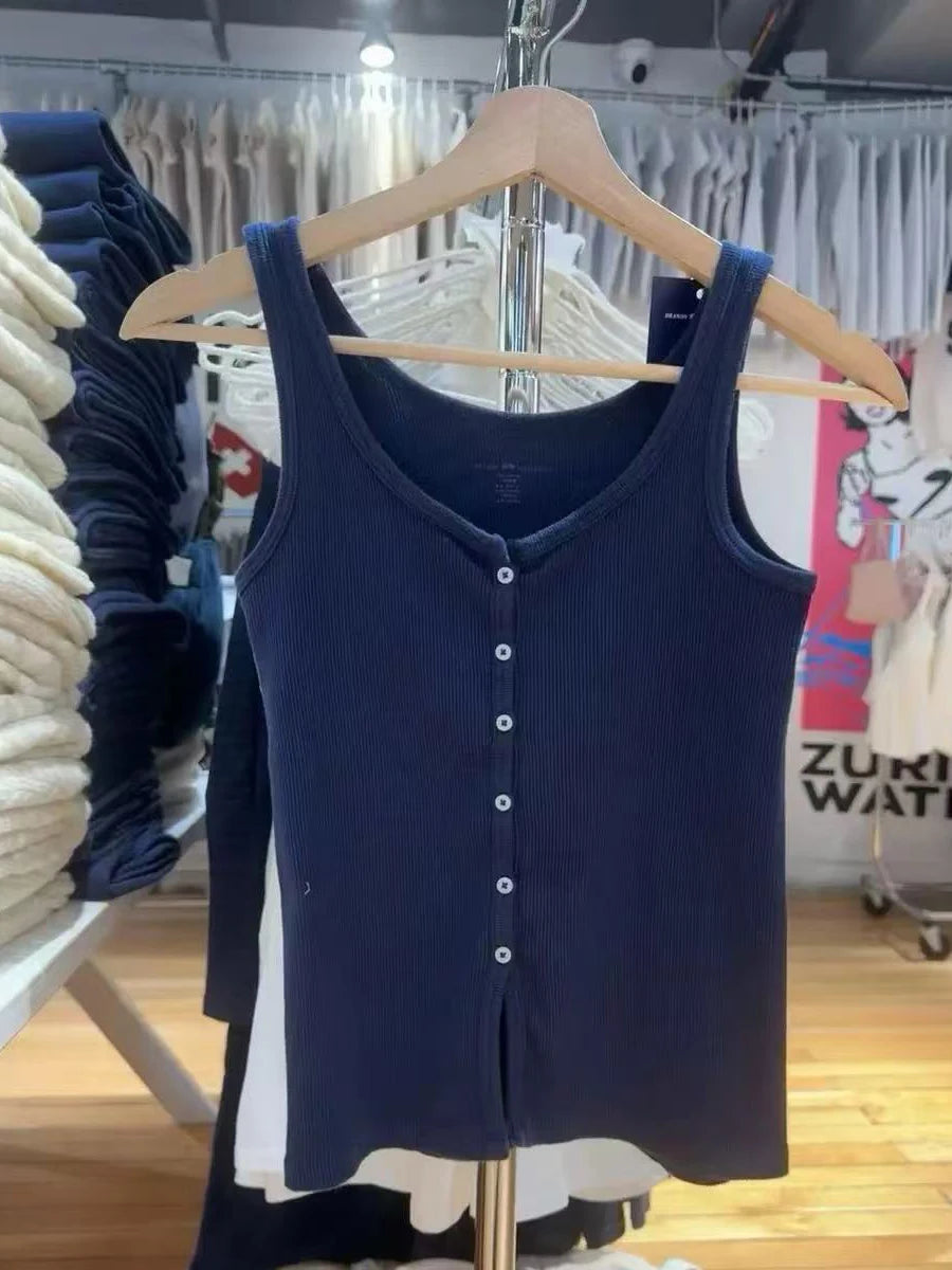 Solid Ribbed Slim Tank Tops Women Streetwear Simple Basic Cotton Buttons Sleeveless Top Female Casual Sweet All-match Y2k Vest