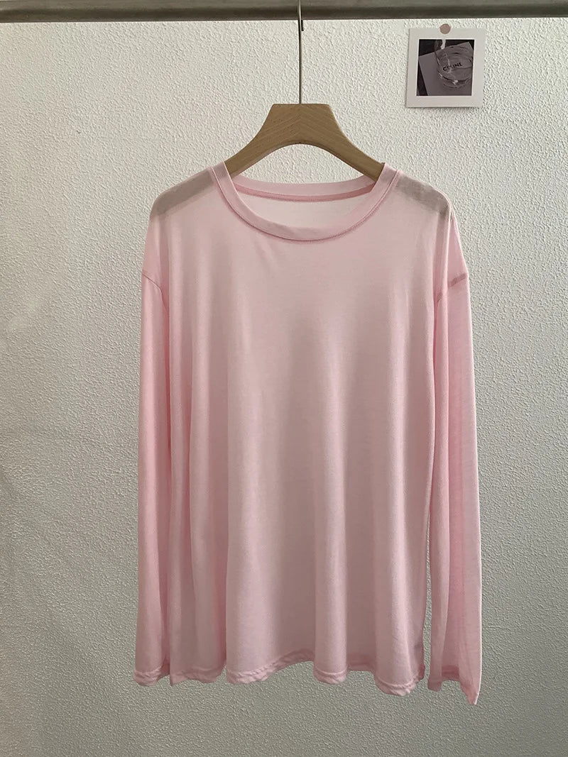 Sweet Thin Sun Protection T-shirts Women Summer Casual Streetwear Lyocell O-neck Long Sleeve Tees Chic Preppy Style Tops Y2K New
