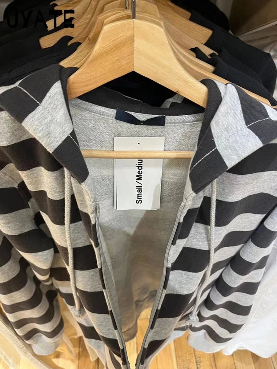 Classic Striped Patchwork Zip-up Hoodie Women Cotton Loose Pocket Drawstring Jacket Tops Vintage Loose Y2K Chic Sweatshirts Coat