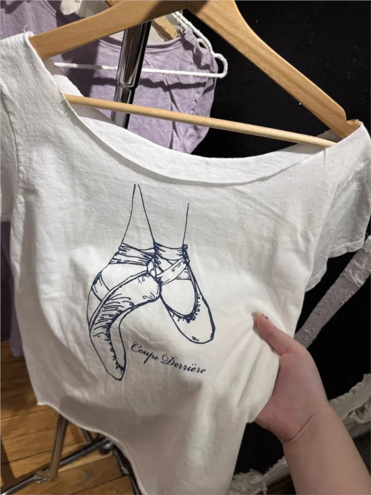 Raw Hem Slash Neck Crop Top Women Simple Ballet Shoes Print Slim Short Sleeve Tee Cute Sweet Preppy Style Cotton Tshirt Y2K