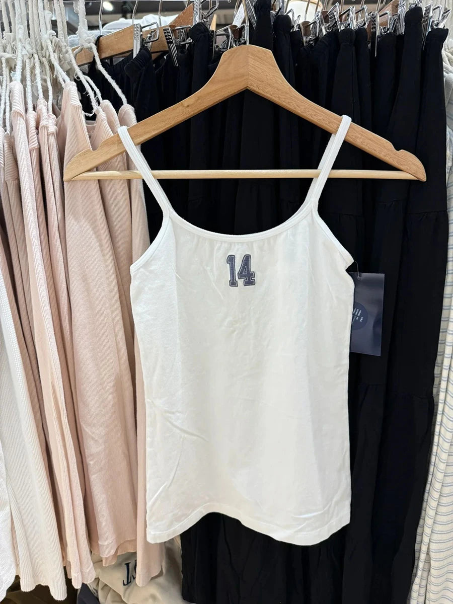 Sweet 14 Embroidery Slim Tank Top Women Spring Casual Sleeveless Cotton Camis Female White Cute Preppy Style Vest Y2K Tops New