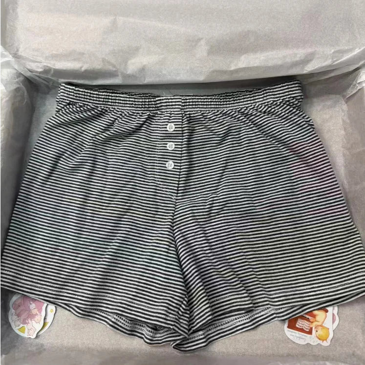 Fashion Striped Buttons Short Pants Women Summer Casual Elastic High Waist Home Underwear Vintage Cute Preppy Style Y2K Shorts
