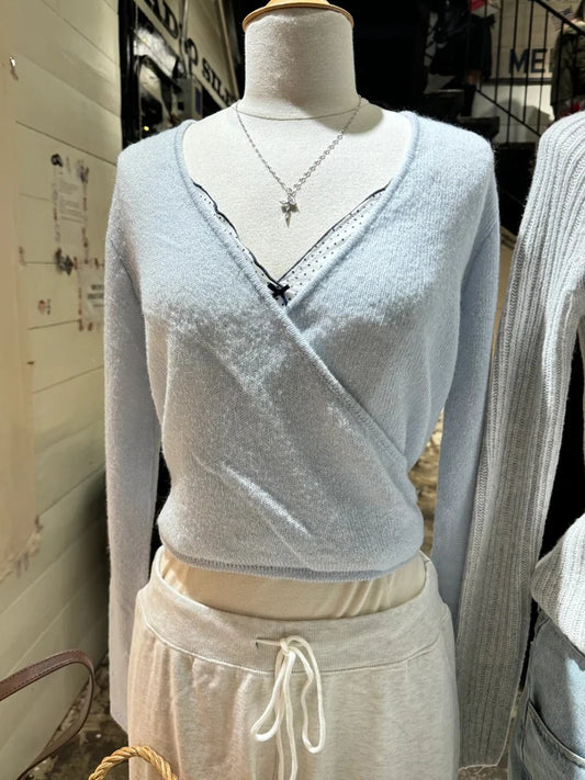 Blue Lace-up Knitted Mohair Sweater Cardigan Women Solid V-neck Cute Long Sleeve Sweaters Sweet Vintage Knitwear Y2K Crop Tops