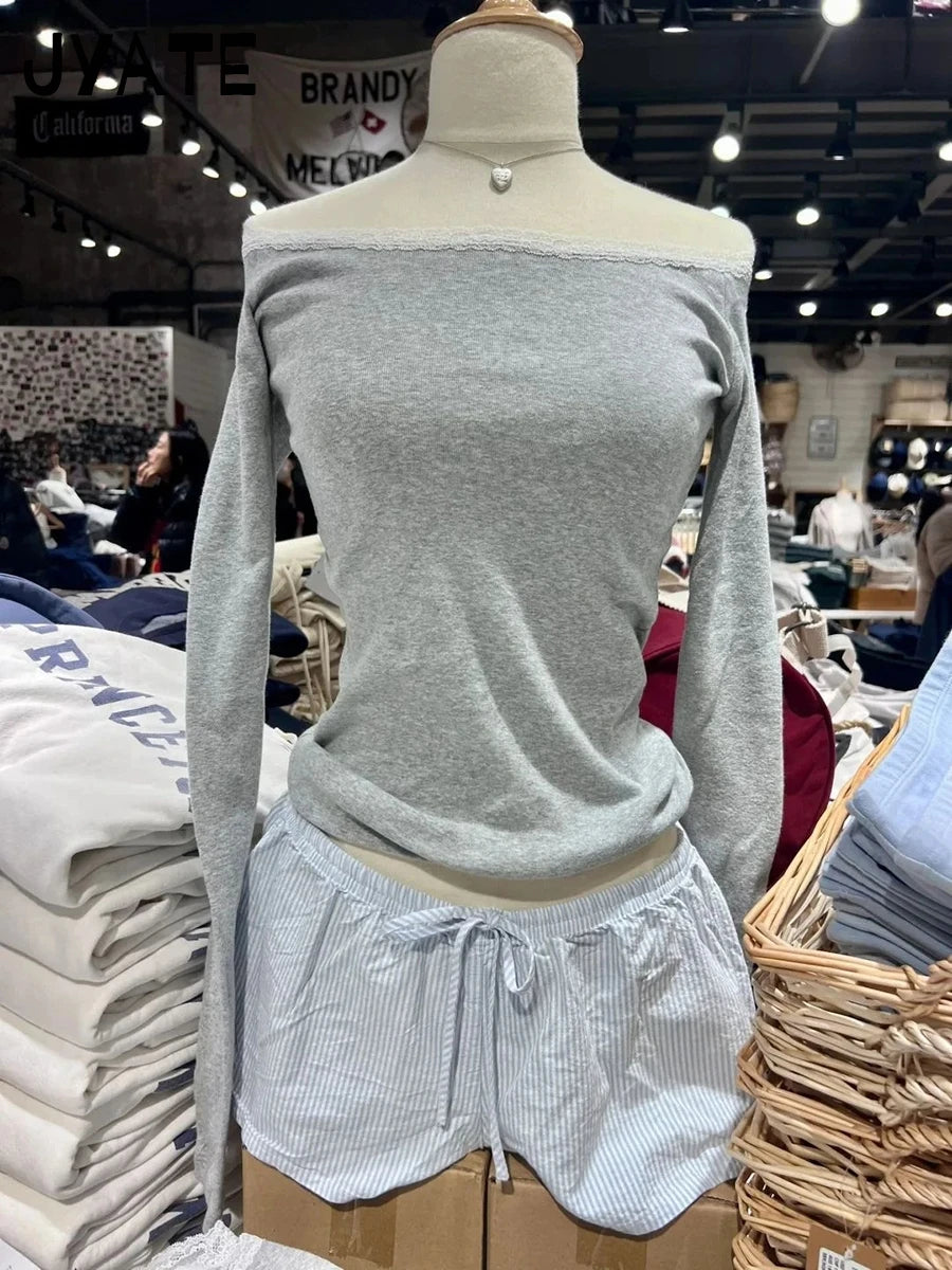 Vintage Blue Striped Drawstring Short Pants Women Summer New Casual Elastic Waist Straight Shorts Sweet Chic Home Underwear Y2K