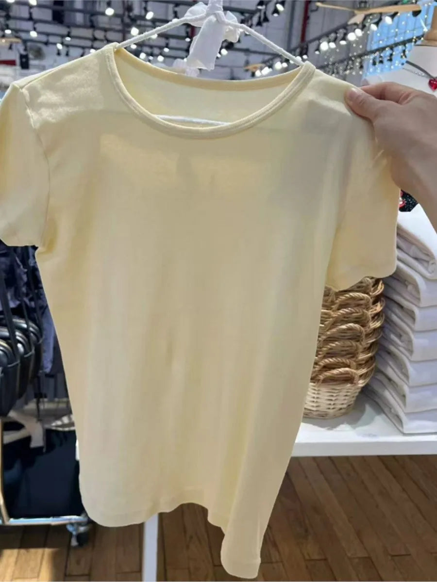 Light Yellow Basic Slim T-shirt Women Casual Basic O-neck Short Sleeve Cotton Tee Tops Sweet Cute Simple All-match Tshirt Top