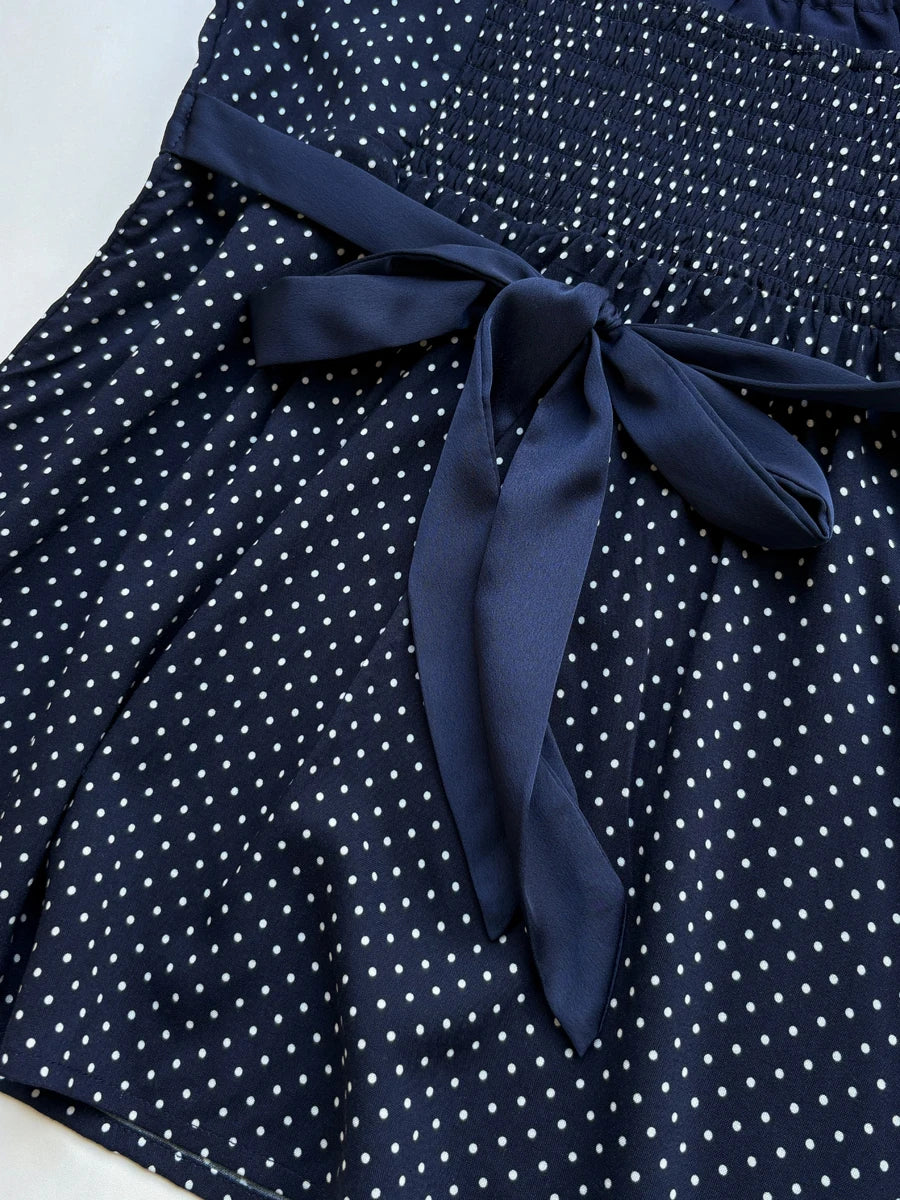 Polka Dot Navy Lace-up T-shirts Women Summer New Casual Slim Square Collar Tee Tops Female Vintage Preppy Style Chic T-shirt Y2K