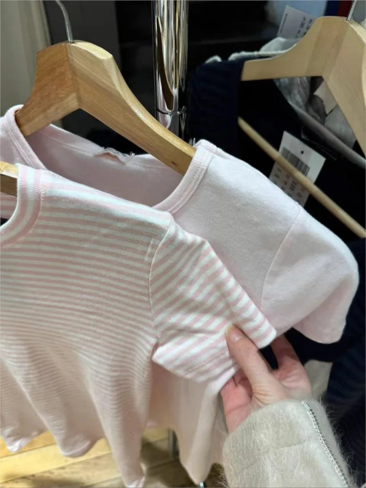 Sweet Pink Striped Slim T-shirt Women Spring Round Neck Cotton Short Sleeve Tee Shirts Female Cute Preppy Style Y2K T shirts New