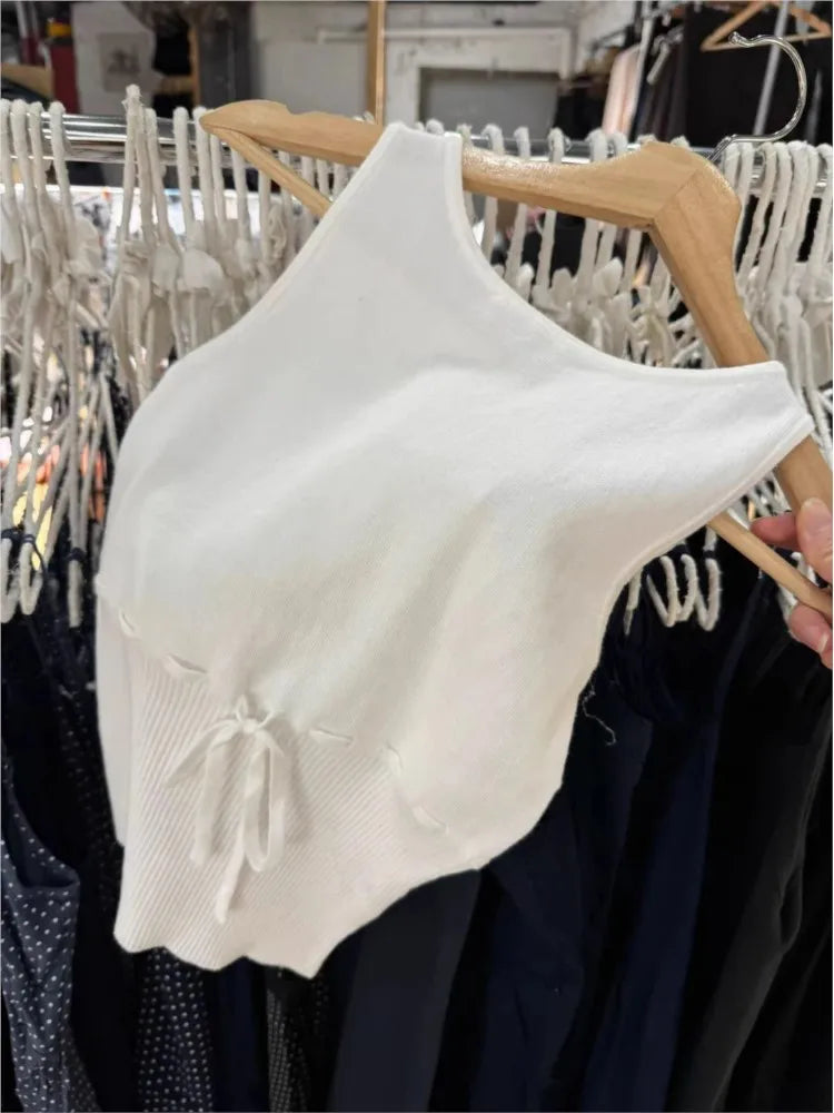 White Drawstring Knitted Tank Tops Women New Simple Slim Cotton Buttons High Waist O-neck Camisole Sweet Cute Preppy Style Vests