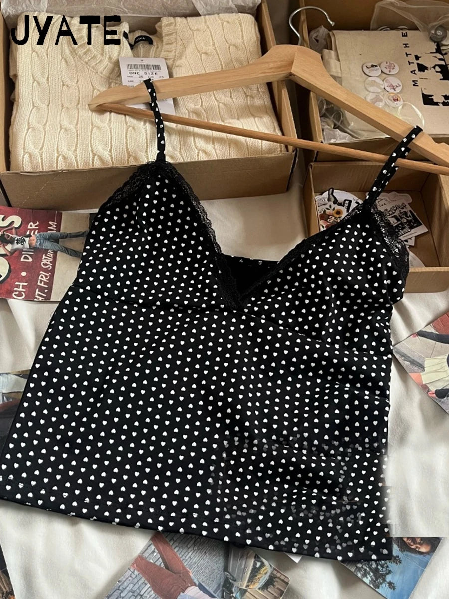 Heart Print Vest Shorts 2 Pieces Set Women New Lace V-neck Slim Tank Tops Elastic Waist Short Pants Sweet Home Pajama Sets Y2K