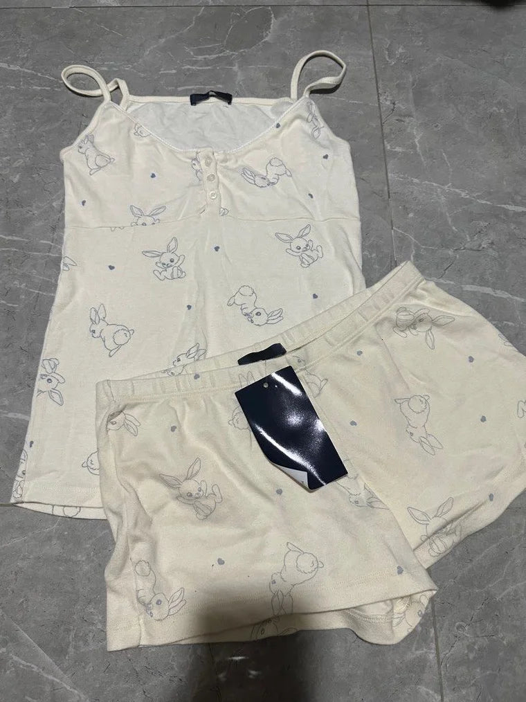 Rabbit Cotton Beige Tank Shorts Sets Woman Eyelet Slim Camisole+Elastic Waist Straight Sweatshorts Sweet Home 2 Piece Outfit New