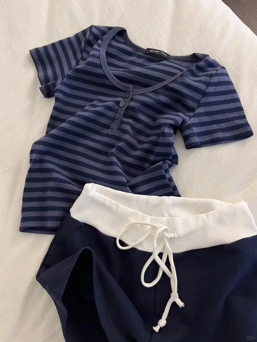 Striped Cotton T-shirt Shorts Outfit Women Navy O-neck Slim Tees +Buttons Straight Sweatshirt Sweet Cute Home 2 Pieces Set Y2K