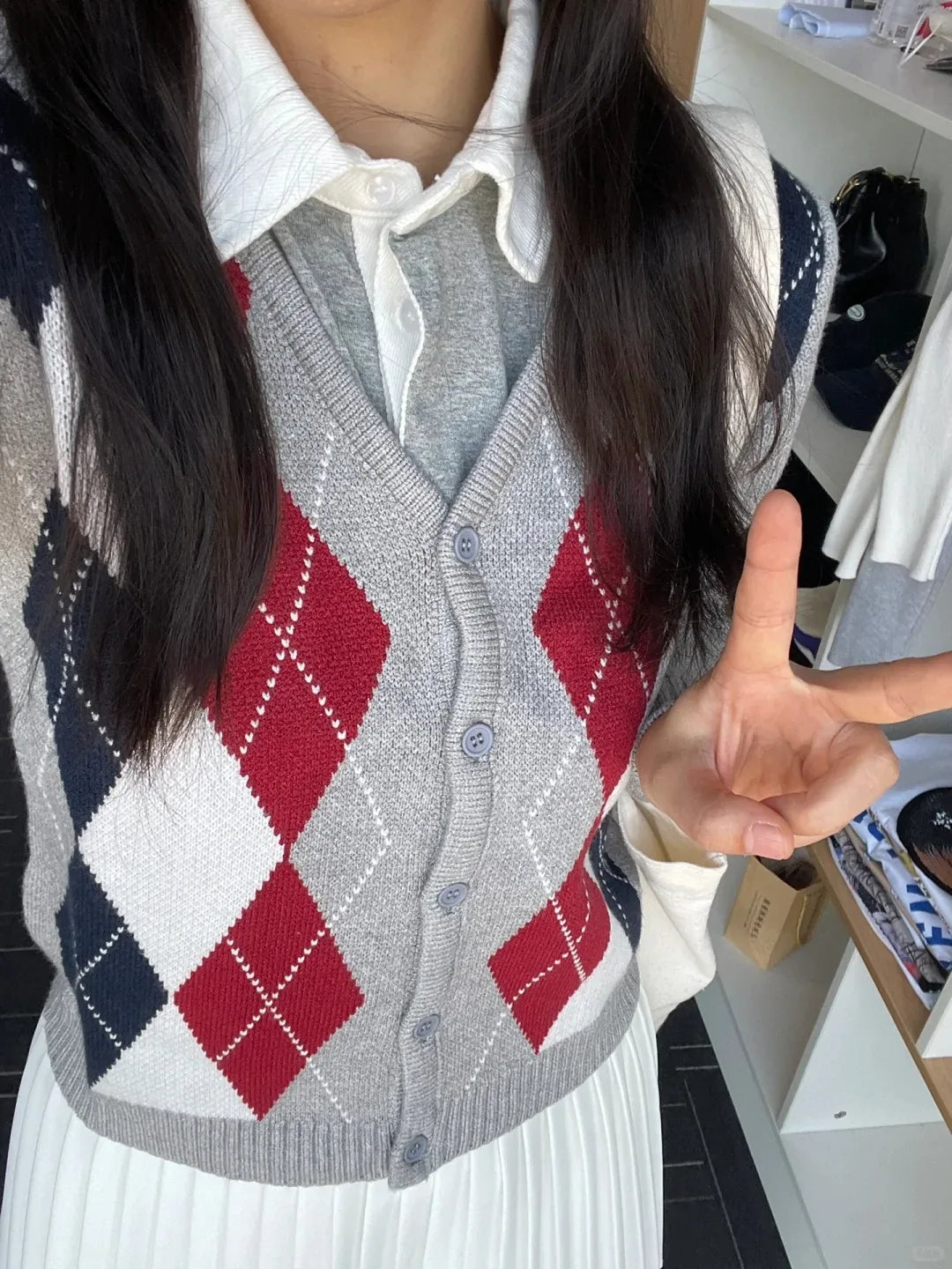 Vintage Plaid Knitted V-neck Cardigan Women New Cotton Slim Gray Streetwear Patchwork Sweater Coat Harajuku Chic Y2K Jumper Tops