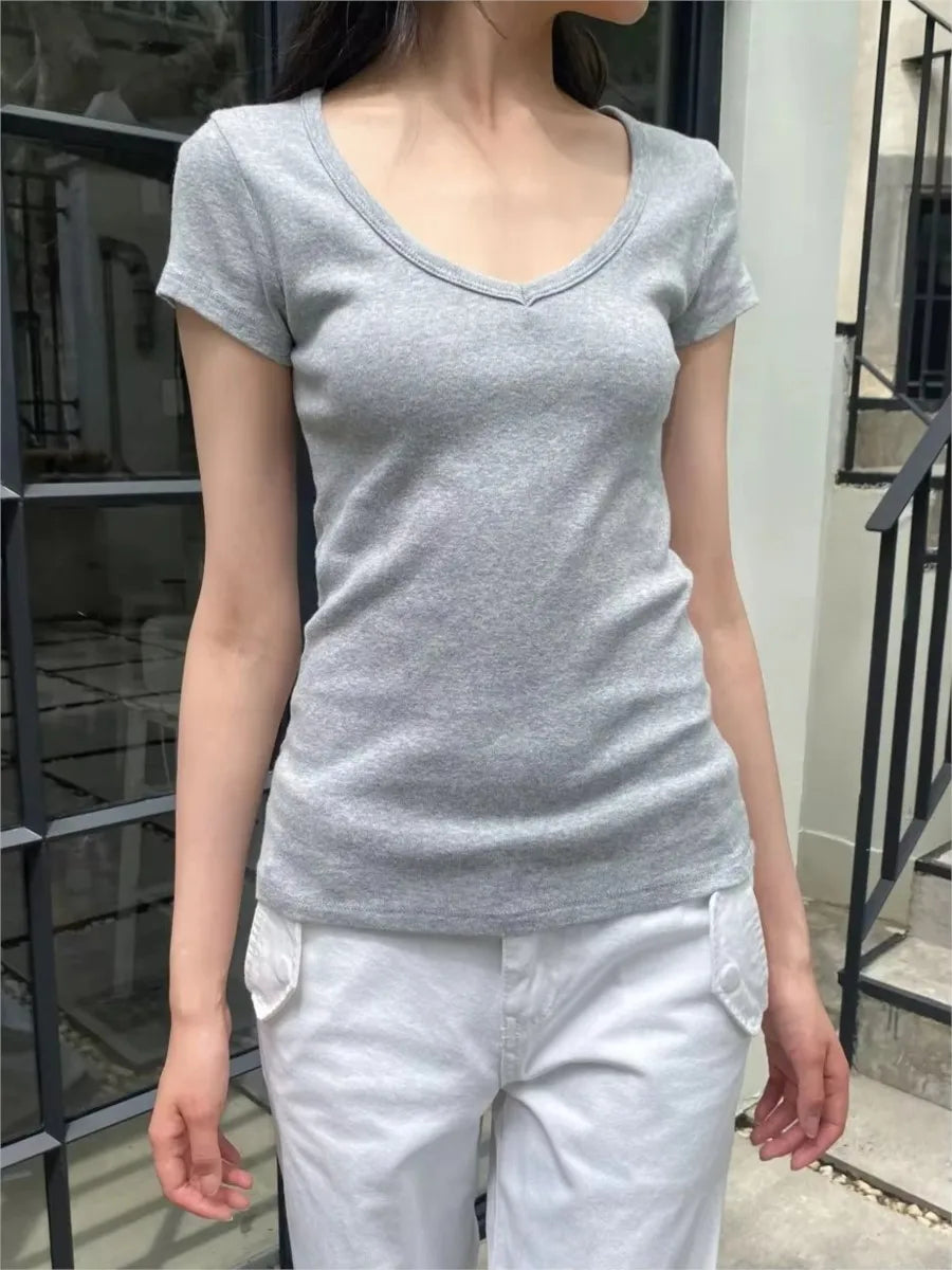 Sweet Gray Lace Trim V-neck Short Sleeve Tee Women New Cotton Casual Simple Slim Tops Clothes Vintage Basic Preppy Style T-shirt
