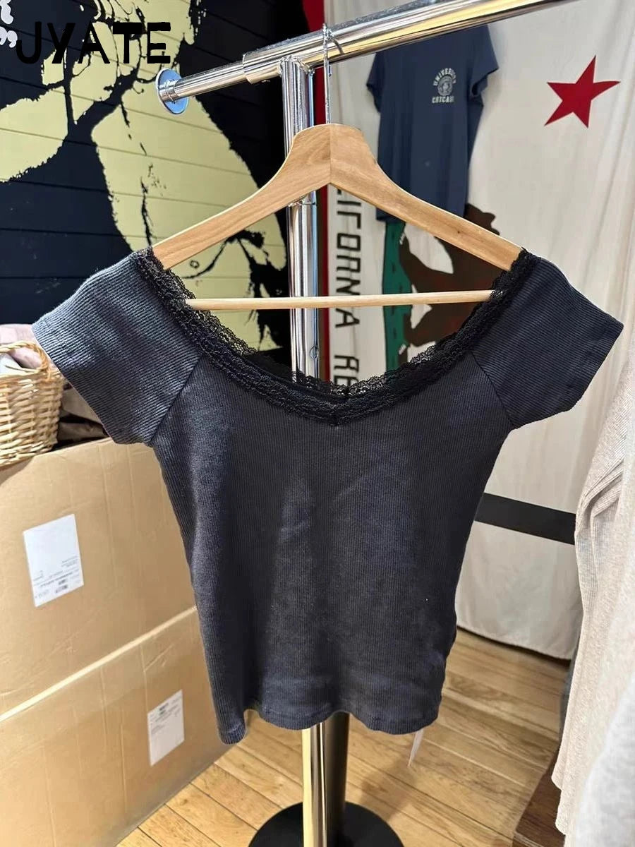 Blue Lace Trim Slim Slash Neck T-shirts Female New Cotton Casual Simple Short Sleeve Tees Vintage Chic Sweet Tops Women Clothes