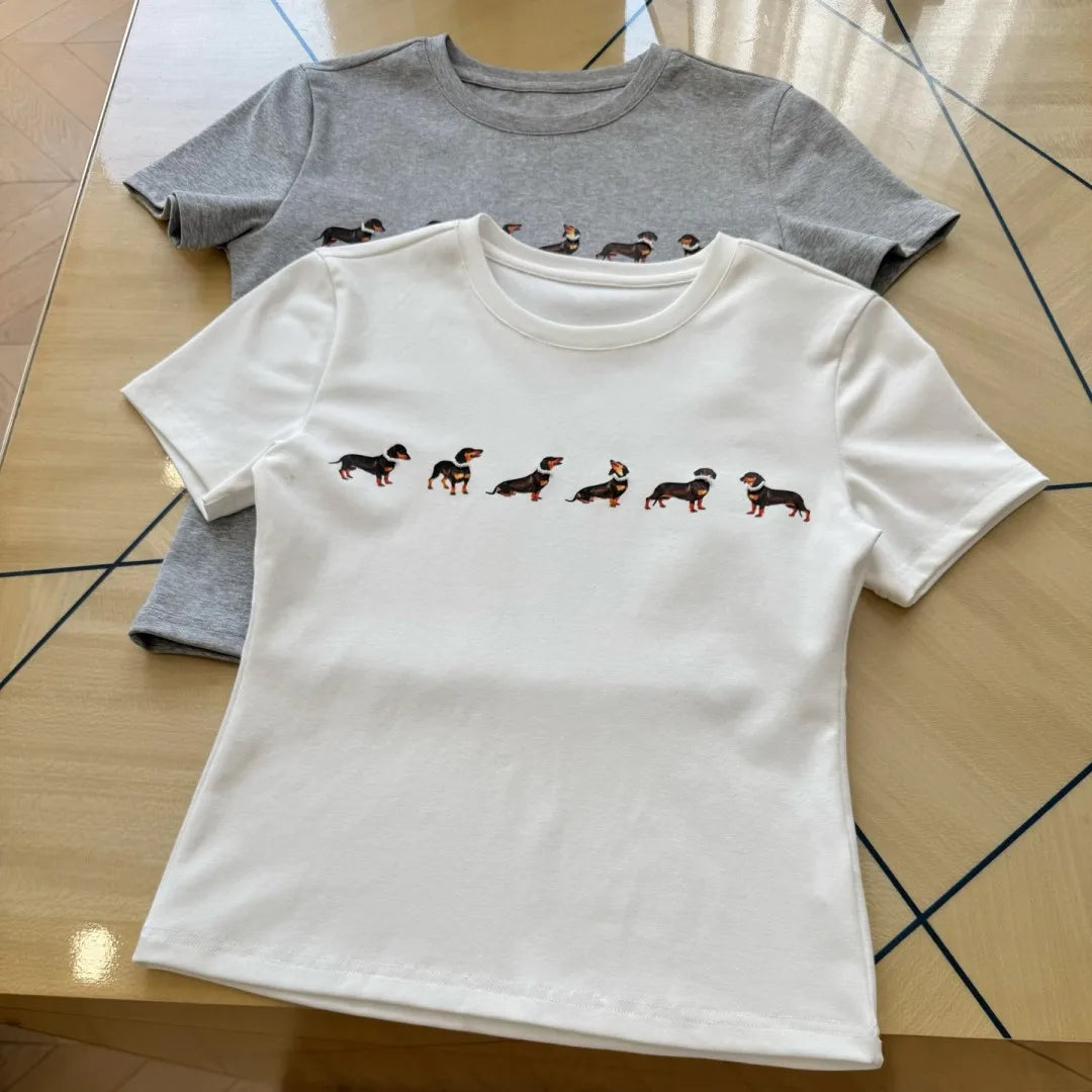 Gray Puppy With Pearl T-shirts Women Summer Slash Neck Sexy Cotton Slim Short Sleeve Tee Cute Sweet Animal Tshirt Y2K Crop Tops