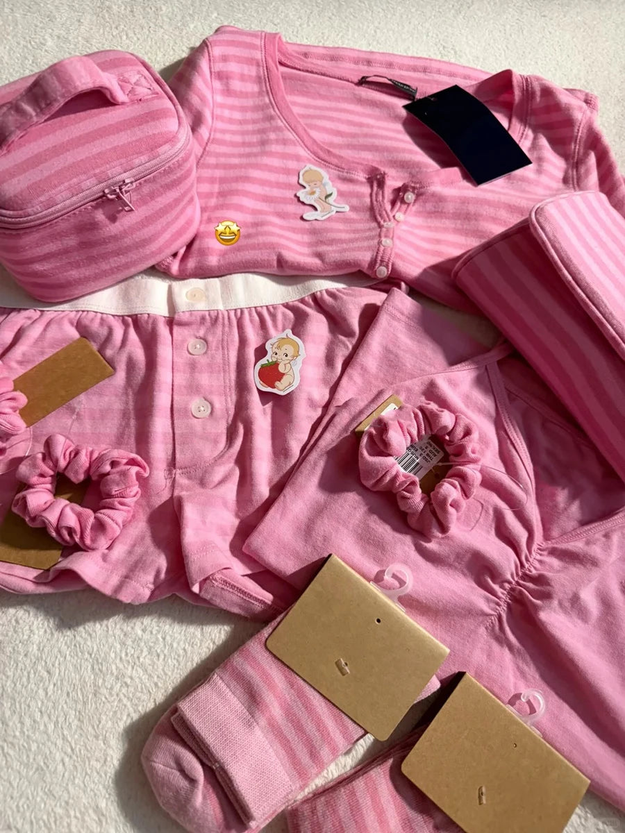 Sweet Pink Striped Collection Tshirt Women Simple Casual Cotton Buttons T-shirts Cute Preppy Style  Y2KCamisole+Slim Short Pants