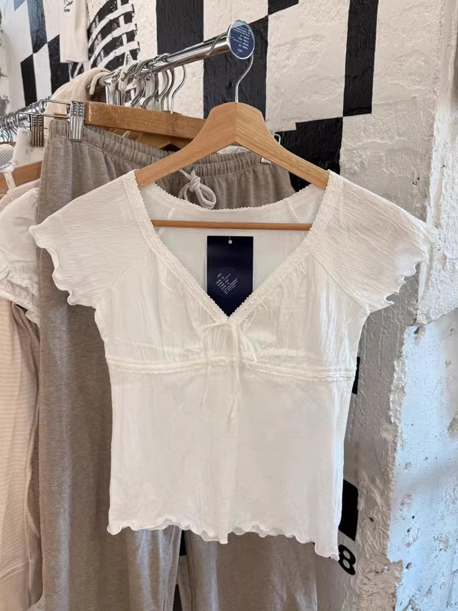 Lace Trim Fungus Slim T-shirt Women Simple Casual White Bow V-neck Short Sleeve Tee Shirts Female Sweet Cute Cotton Crop Tops