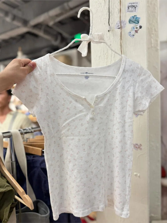 White Eyelet Buttons Slim T-shirts Women New Casual Pink Floral O-neck Short Sleeve Tees Sweet Preppy Style Cute Crop Tops Y2K