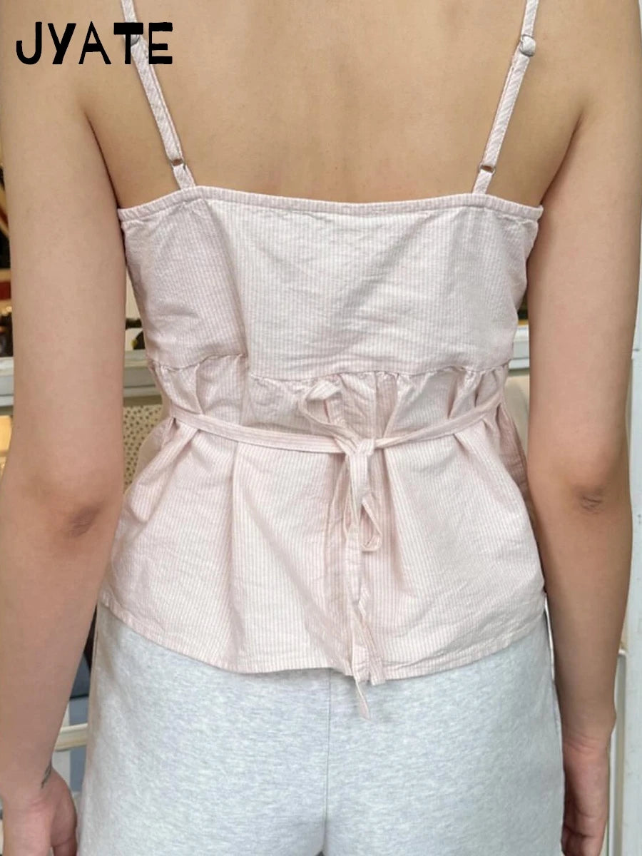 Pink Striped Buttons Tank Tops Women New Casual V-neck Lace Trim Preppy Style Sleeveless Vests Sweet Cute Vintage Camisole Y2K