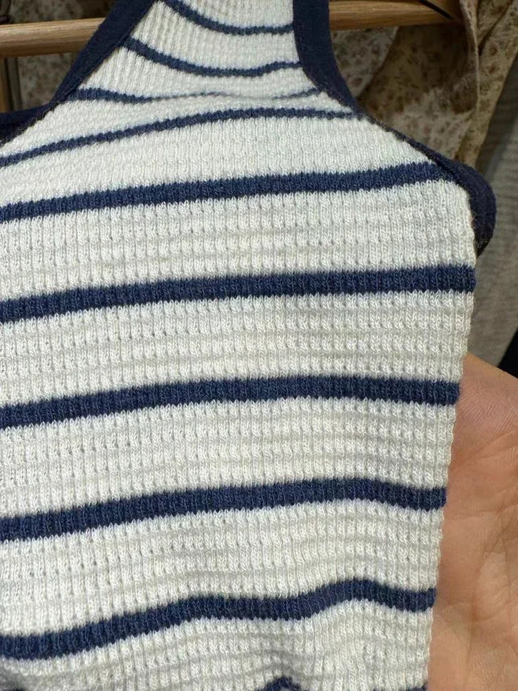 Vintage Navy Striped Waffle Slim Tank Top Women Summer New U Collar Sleeveless Camisole American Streetwear Sweet Vest Y2k Tops