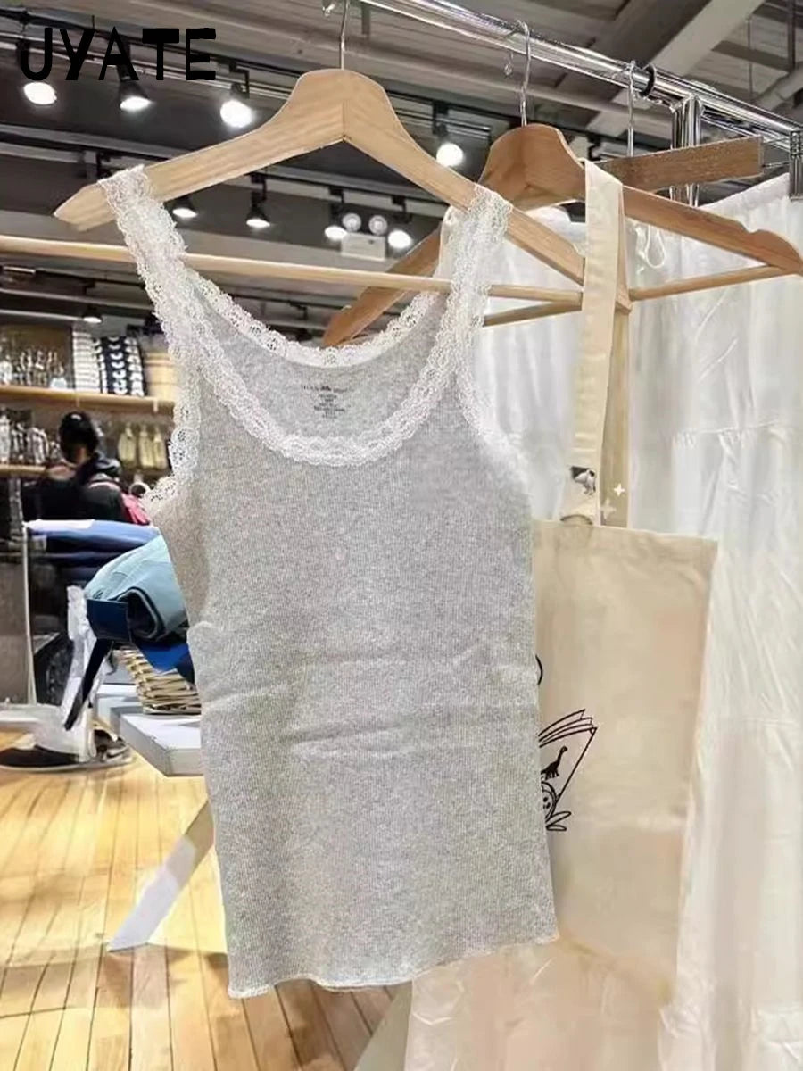 New Lace Trim Gray Ribbed Cotton Tank Tops Women Summer Sexy Slim Roll Hem Sleeveless Vests Sweet Cute Vintage Basic Camis Y2K