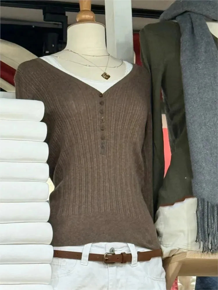 V-neck Knit Buttons T-shirts Women Spring Casual Streetwear Cotton Slim Long Sleeve Tees Sweet Cute Preppy Style T Shirt Y2K