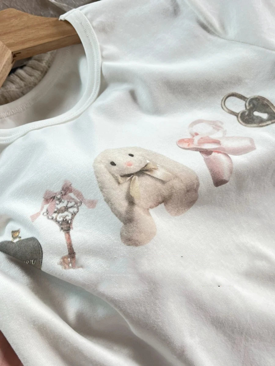 Ballet Girl Rabbit Print T-shirt Woman Summer New Casual Round Neck Cotton Short Sleeve Tees Y2K Sweet Cute Slim Tops for Women