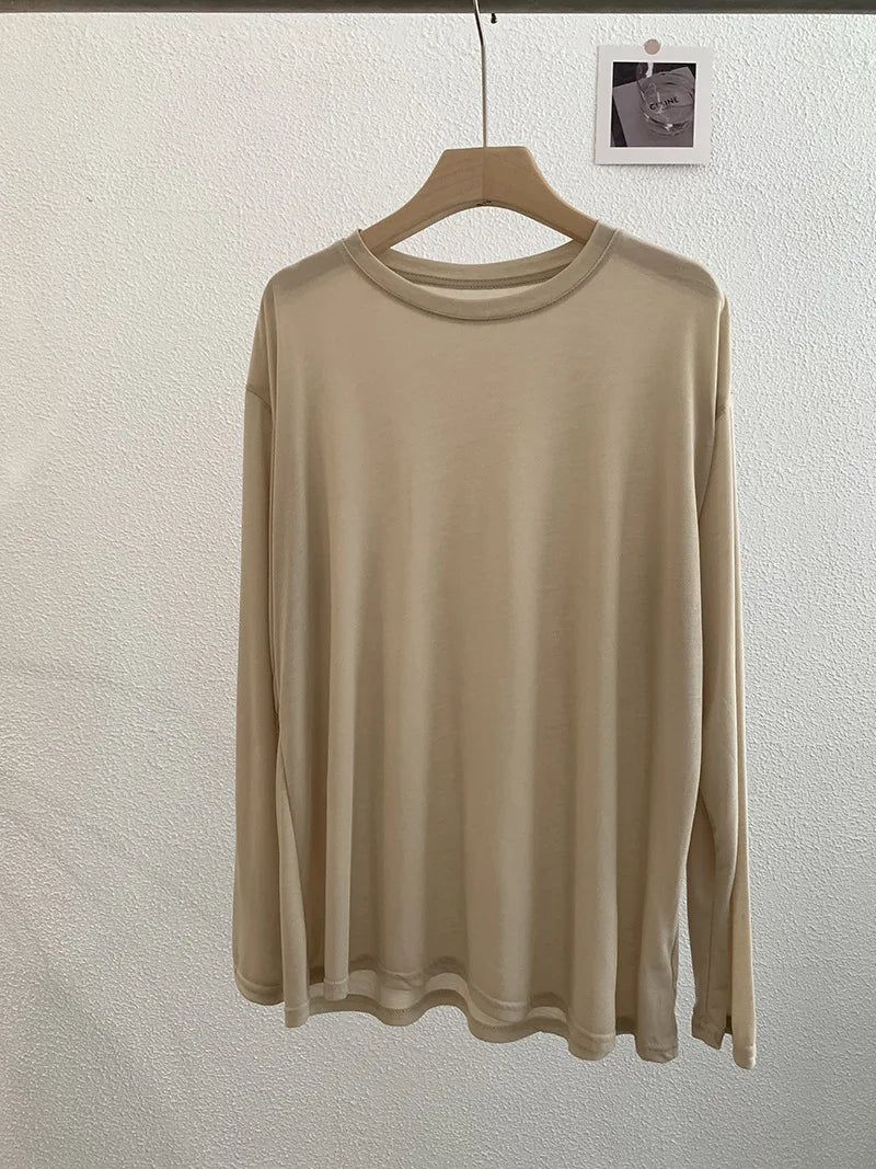 Sweet Thin Sun Protection T-shirts Women Summer Casual Streetwear Lyocell O-neck Long Sleeve Tees Chic Preppy Style Tops Y2K New