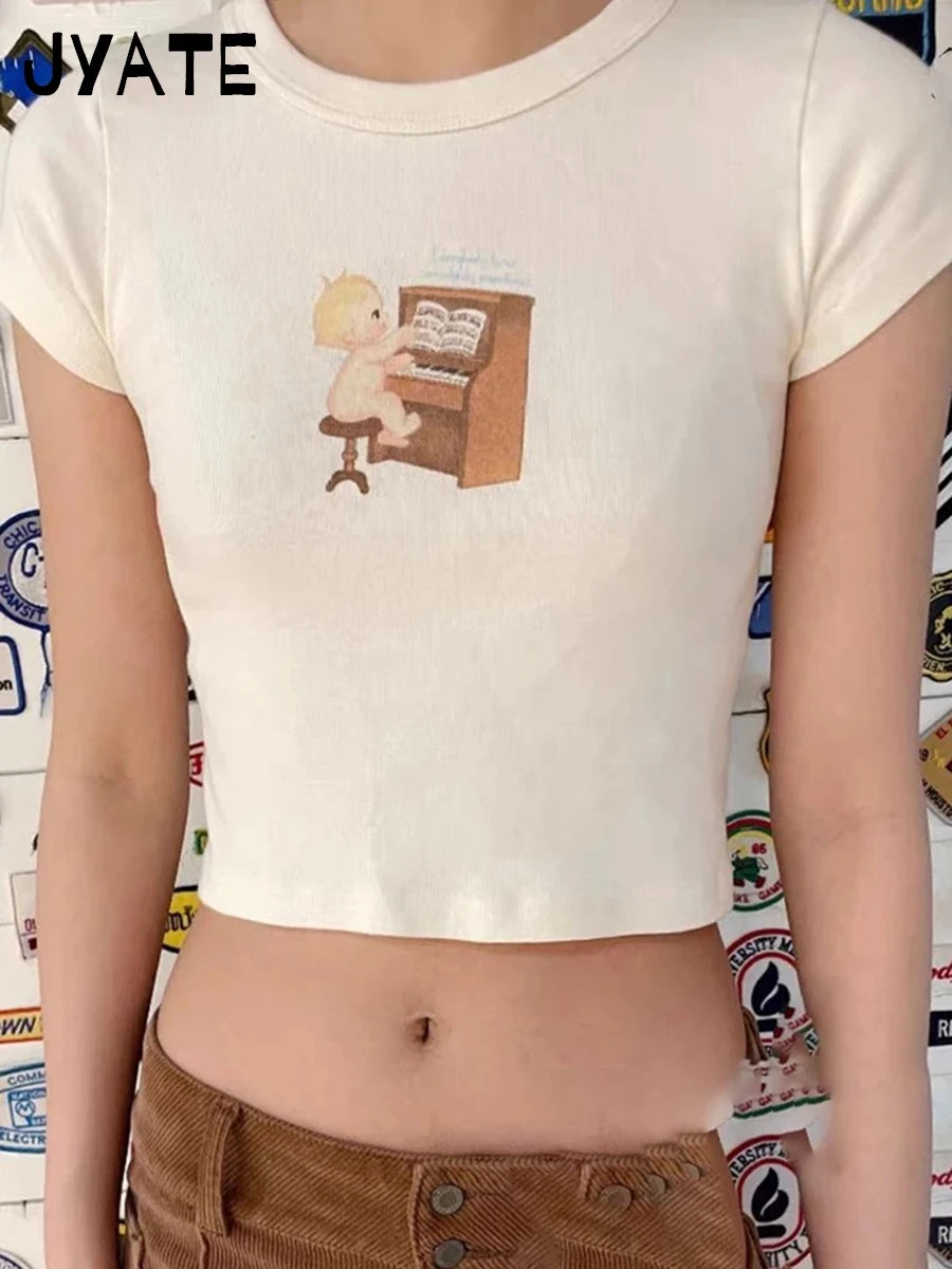 Cute Cartoon Angel Print Slim T-shirts Women Summer O-neck Cotton Harajuku Streetwear Short Sleeve Tees Sweet Chic Y2K Crop Tops