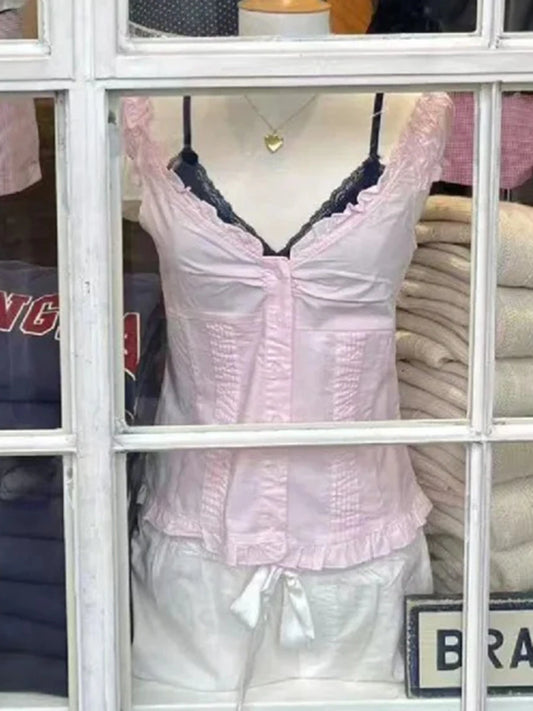 Sweet Pink Folds Blouse Top Women Summer Casual Single Breasted Ruffle Sleeveless Tank Tops Vest Female Cute Preppy Style Camis