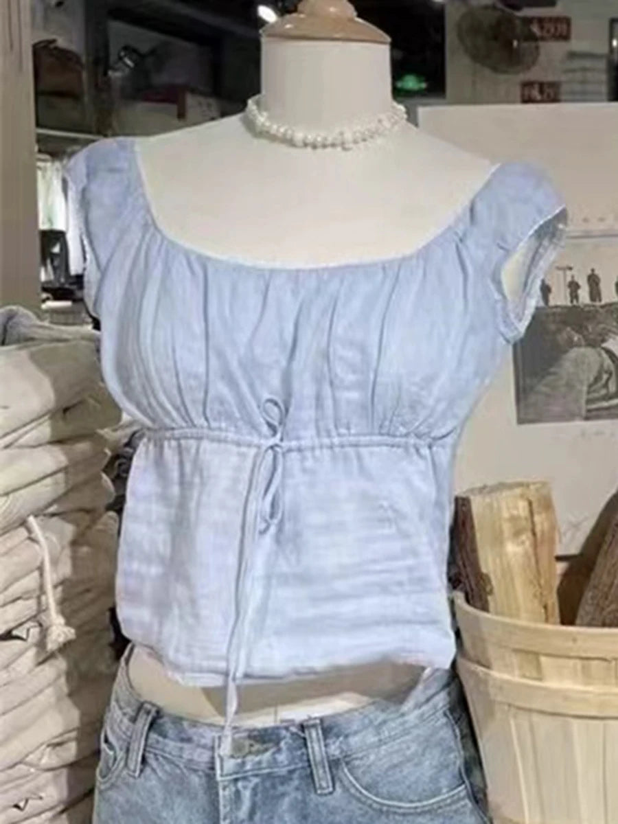 Sweet Blue Lace Slim T-shirts Women Summer Cotton Lace-up Casual Simple Elegant Short Sleeve Tee Fashion Vintage Cute  Crop Tops
