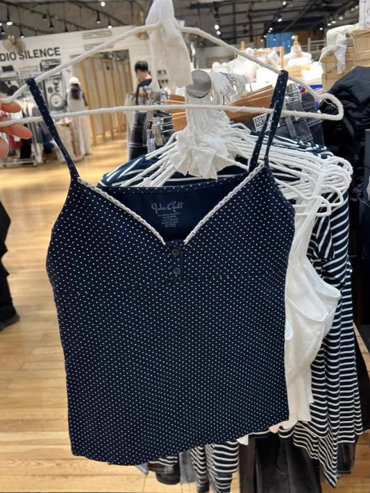 Navy Polka Dot Slim Crop Top Women Lace Trim Two Buttons Cotton Cropped Camisole Female Sweet Cute Preppy Style Tank Tops OOTDS