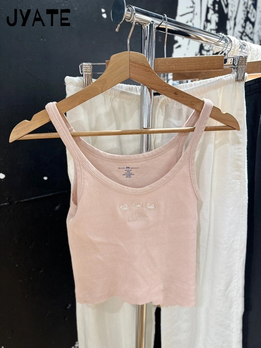 Letter Embroidery U-neck Crop Tops Women Summer New Cotton Casual Ribbed Cropped Sleeveless Vest Vintage Sweet Chic Tank Top Y2K