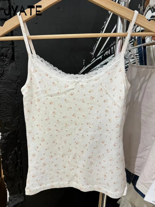Pink Floral Print Lace Trim Tank Tops Women Summer New Cotton Bow Casual Chic Simple Camisole Girl Sweet Cute Vintage Vests Y2K