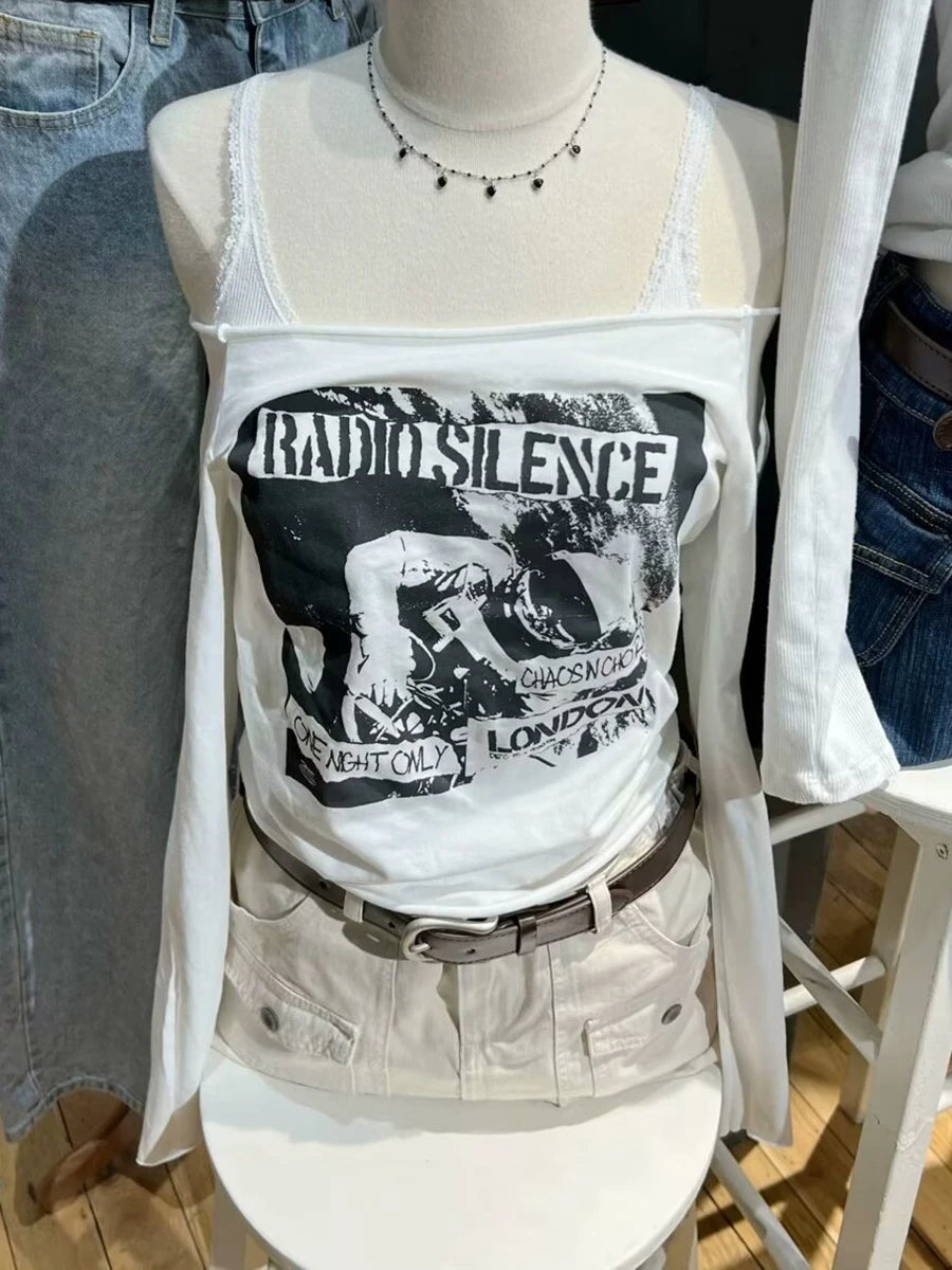 Sexy Slash Neck Slim Long Sleeve Tees Women Cotton Graphic Print Raw Hem Casual Tops Female Vintage Chic Streetwear Y2K T-shirts