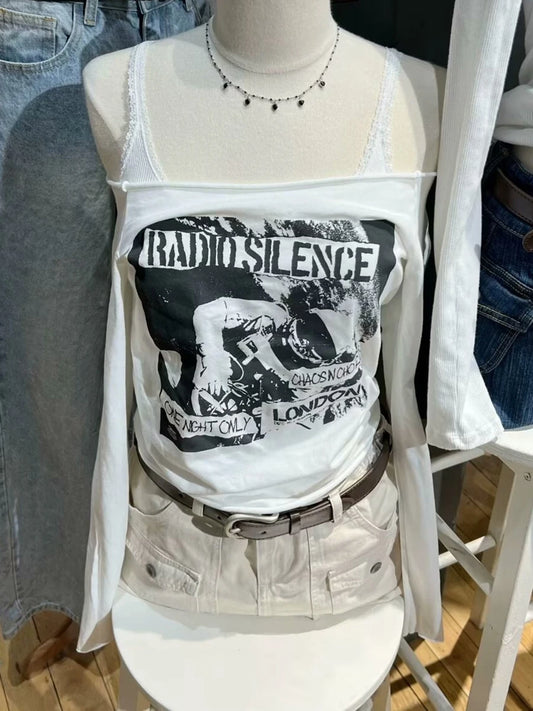 Sexy Slash Neck Slim Long Sleeve Tees Women Cotton Graphic Print Raw Hem Casual Tops Female Vintage Chic Streetwear Y2K T-shirts