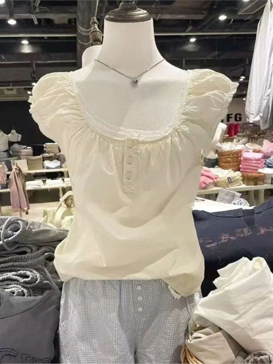 Blue Lace-up Ruffles Sleeve Tees Women Summer Simple Casual Flax Cotton U-neck Buttons Tops Preppy Style Sweet Cute T-shirts New