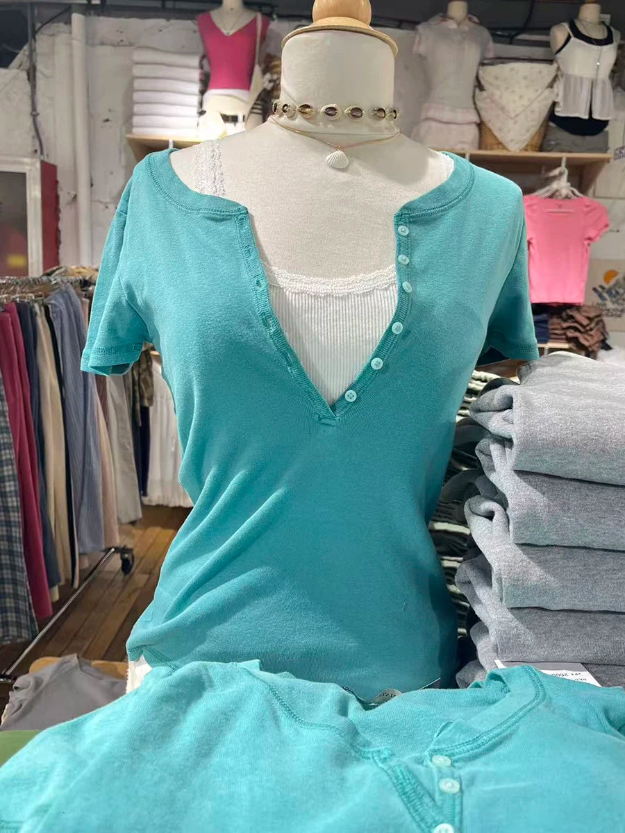 Sweet Six Buttons T-shirts Women Summer OrangeO-neck Cotton Slim Zelly Short Sleeve Tee Tops Casual Simple All-match Tshirts Y2K