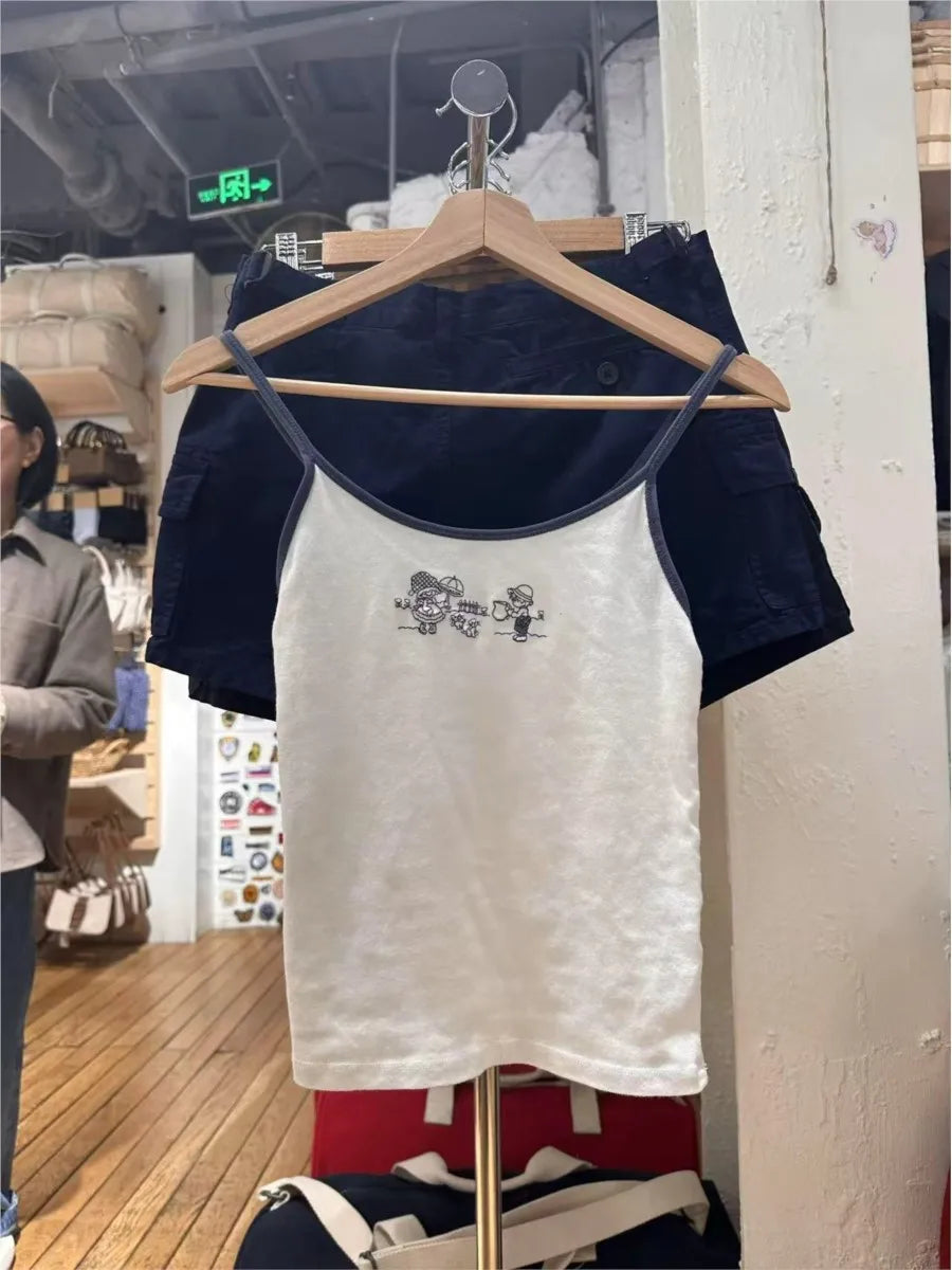 Heart Embroidery Tank Top for Women Summer Gray Cotton Lace Trim Sleeveless Camisole Cute Sweet Preppy Style Tops Y2K Tshirt