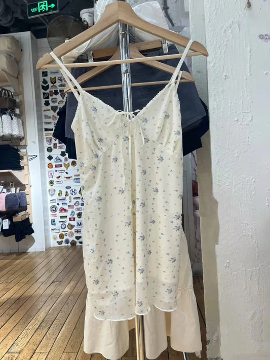 Floral Print Drawstring V-neck Mini Dress Women Casual  Lace Trim A-line Short Vestidos Sweet Cute Preppy Style Y2K Dresses New
