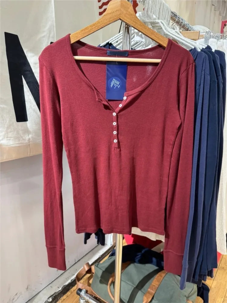 Burgundy Six Buttons T-shirt Woman Autumn Casual O-neck Cotton Slim Long Sleeve Tshirt Streetwear Vintage Simple Basic Tee Tops