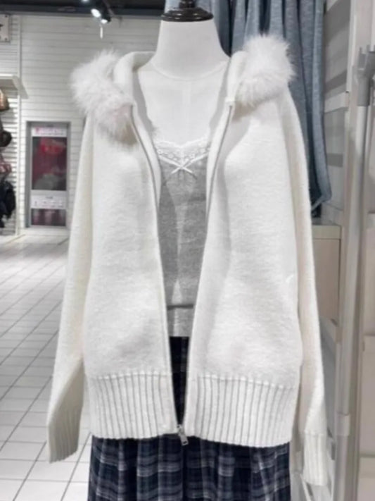 New Solid Plush Knitted Hooded Women Autumn Casual Pockets Cotton Warm Sweaters Tops Vintage Preppy Style Chic Sweater Cardigan