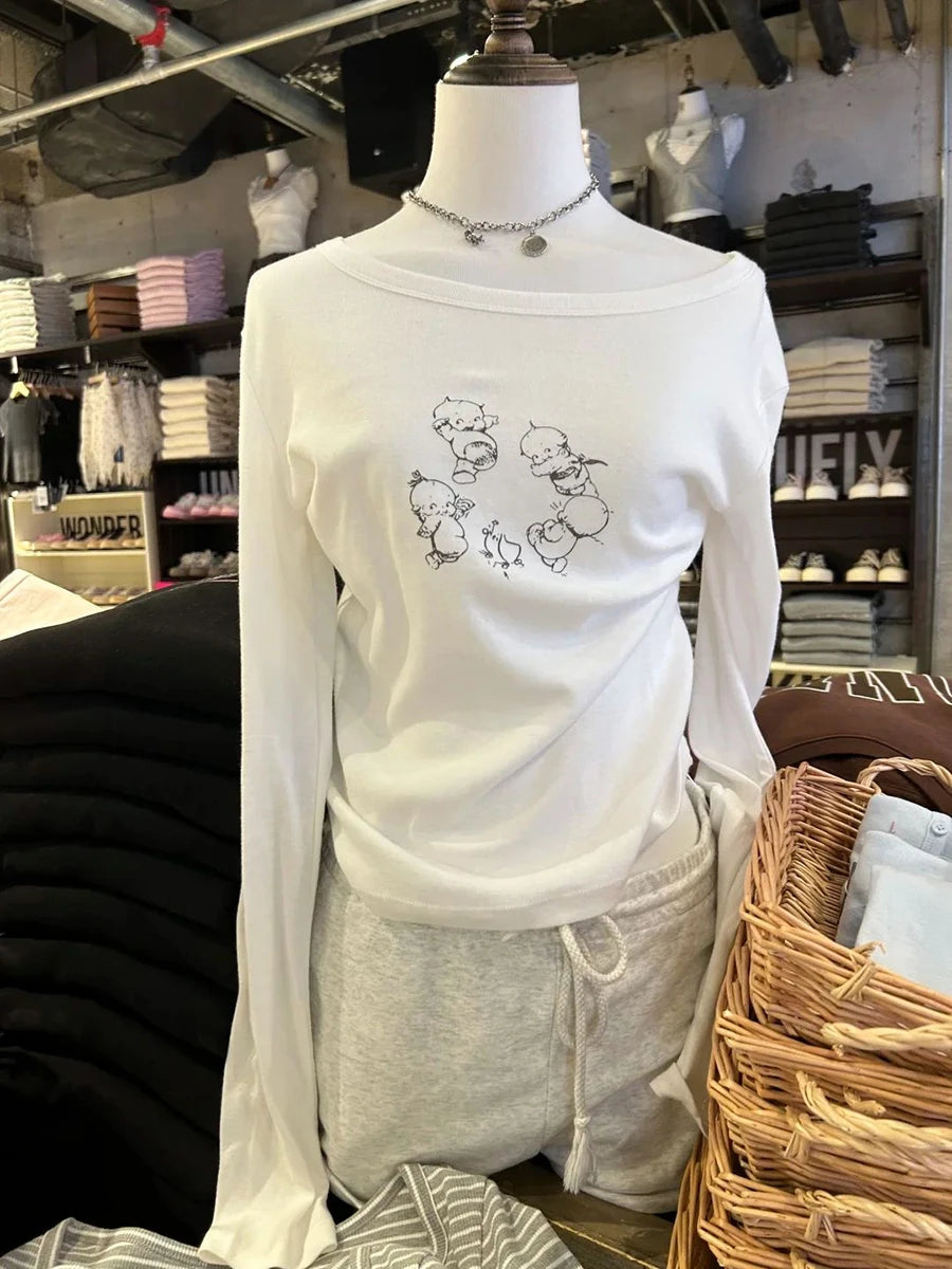 New Cute Angel Baby Print Long Sleeve T-shirt Women Autumn O-Neck Cotton Slim Tee Shirt Vintage Streetwear Sweet Shirts Y2K Tops