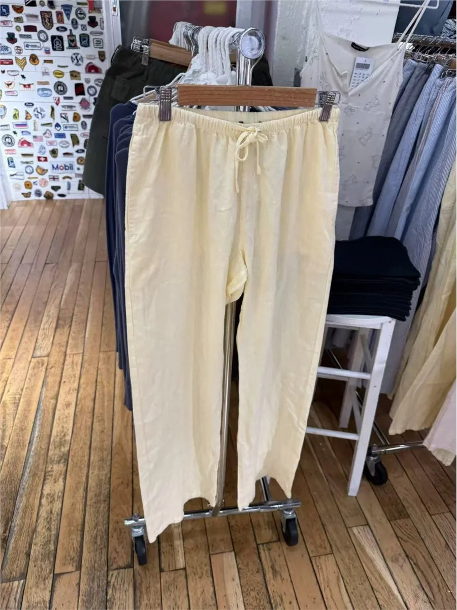 Yellow Drawstring Straight Sweatpants Women Linen and Cotton Casual High Waist Sport Long Pants Sweet Cute Preppy Style Trousers